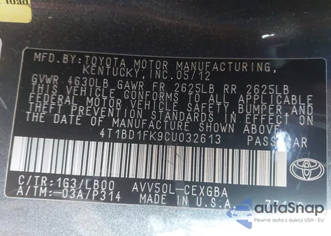 2012 Toyota Camry Hybrid Xle from USA, damaged, VIN 4T1BD1FK9CU032613